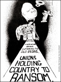 Cartoon attacking press bias against striking workers from the 1970s by Alan Hardman 