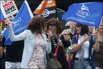 10,000 marched against job cuts at Bombardier on Saturday 23 July in the biggest demonstration in Derby for decades, backed by the RMT and other trade unions, photo Paul Mattsson