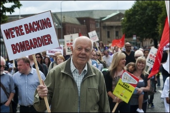 10,000 marched against job cuts at Bombardier on Saturday 23 July in the biggest demonstration in Derby for decades, backed by the RMT and other trade unions, photo Paul Mattsson