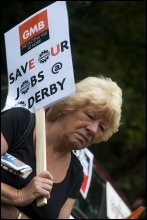 10,000 marched against job cuts at Bombardier on Saturday 23 July in the biggest demonstration in Derby for decades, backed by the RMT and other trade unions, photo Paul Mattsson