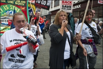 10,000 marched against job cuts at Bombardier on Saturday 23 July in the biggest demonstration in Derby for decades, backed by the RMT and other unions, photo Paul Mattsson