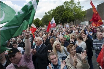 10,000 marched against job cuts at Bombardier on Saturday 23 July in the biggest demonstration in Derby for decades, backed by the RMT and other unions, photo Paul Mattsson