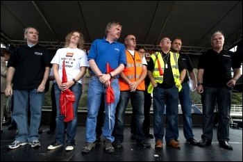 Bombardier union convenors on the 10,000 strong march against job cuts at Bombardier on Saturday 23 July in Derby, backed by the RMT, Unite, Aslef, TSSA, CWU and other trade unions, photo Paul Mattsson