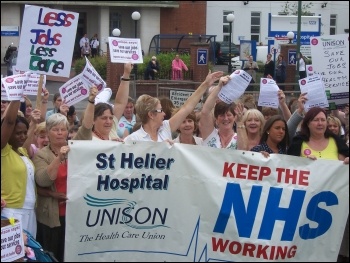100 health workers came out in a lunchtime protest against the potential loss of over 100 posts at St Helier hospital in south London on Wednesday 27 July 2011, photo Chris Newby 100 health workers came out in a lunchtime protest against the potential loss of over 100 posts at St Helier hospital in south London on Wednesday 27 July 2011, photo Chris Newby
