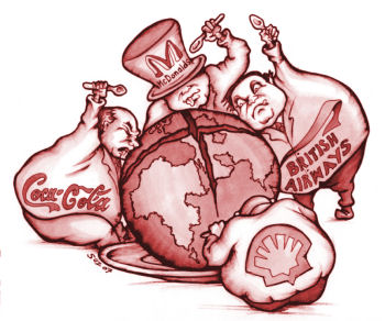 Multinationals devour the globe. Cartoon by Suz, www.squashdonkey.co.uk