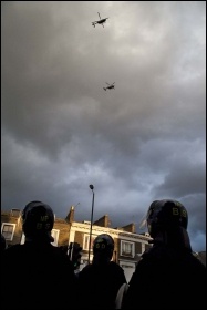 Police helicopters over Hackney riots, August 2011, photo Paul Mattsson