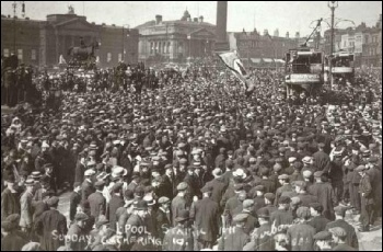 Strikers gather in Liverpool's Lime Street surrounding trams during �Red Sunday� on 13th August 1911, photo Liverpool Record Office, Liverpool Libraries
