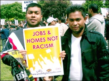 Youth Fight for Jobs placard on the successful anti-EDL demonstration in Tower Hamlets in June 2010, photo P Mason