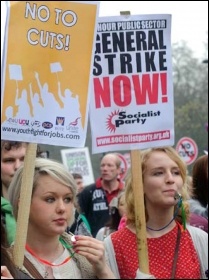For a 24 hour public sector general strike now - Socialist Party placard on demo, photo Paul Mattsson