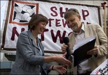 Dave Nellist handing NSSN petition to  Frances O’Grady at Congress House, 11 Sept 2011, photo Paul Mattsson