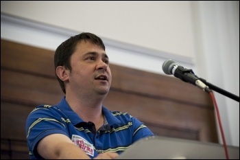 Rob Williams, NSSN chairperson, addresses the National Shop Stewards Network lobby of the TUC 11 September 2011, photo Paul Mattsson