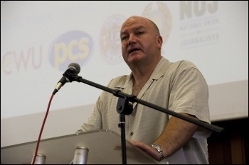 Bob Crow, general secretary RMT, addresses the National Shop Stewards Network lobby of the TUC 11 September 2011, photo Paul Mattsson