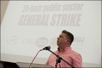 Alex Gordon, president RMT, addresses the National Shop Stewards Network lobby of the TUC 11 September 2011, photo Paul Mattsson