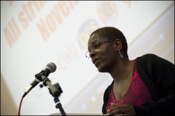 April Ashley, a member of Unison's NEC, speaking in a personal capacity, addresses National Shop Stewards Network lobby of the TUC 11 September 2011, photo Paul Mattsson