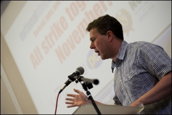 Mark Serwotka, PCS general secretary, will be speaking. Here he addresses National Shop Stewards Network lobby of the TUC 11 September 2011, photo Paul Mattsson