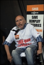 Remploy worker speaking at the TUC demonstration at Tory Party conference, photo Paul Mattsson