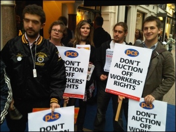 Teamsters local 814 president Jason Ide and PCS members outside Sotheby's London, 13.10.11, photo Kevin Parslow. PCS members will fight the job cuts