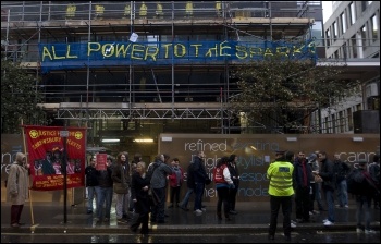 Electrician construction workers: protest at Cannon Street, London , photo Paul Mattsson