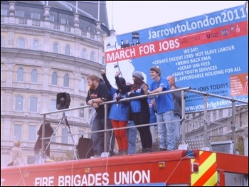 Jarrow marchers on the FBU stage, Trafalgar Square, 5.11.11