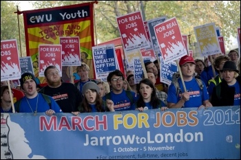 Young workers and trade unionists marching for jobs, photo Paul Mattsson