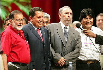 Fidel Castro with Venezuela president Hugo Chavez and Bolivian president Evo Morales