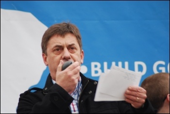 Chris Baugh, PCS assistant general secretary, addresses the Jarrow March for Jobs 2011 on behalf of the PCS, as it ended with a demonstration in London on 5 November , photo Sujeeth