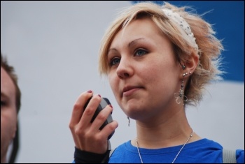 Lizi Gray, whose great grandfather was one of the original Jarrow Marchers, addresses the Jarrow March for Jobs 2011, which ended with a demonstration in London on 5 November , photo Sujeeth