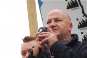 Bob Crow, Rail, Maritime and transport workers union RMT, addresses the Jarrow March for Jobs 2011 in Trafalgar Square, photo Sujeeth
