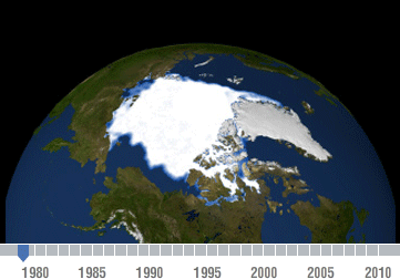 Arctic Sea Ice loss animation demonstrates drastic climate change through global warming, photo NASA