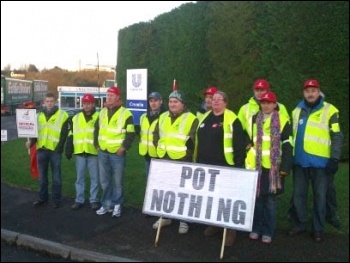 Unilever’s Pot Noodle mine came to a grinding halt as the entire shop floor workforce at Unilever’s Croespenmaen factory near Crumlin in Gwent walked out on strike, photo Socialist Party Wales