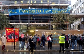 'All power to the Sparks' - Electrician construction workers: protest at Cannon Street, London 2012, photo Paul Mattsson