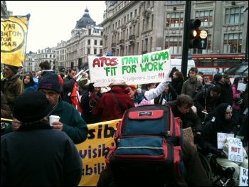 Anti-cuts and disabled activists protesting against the Welfare Reform Bill, London 28.1.12,  photo Ben Robinson