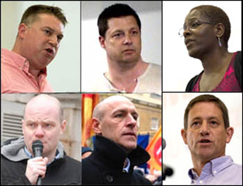 TUSC candidates Alex Gordon, President, RMT, Joe Simpson, Assistant general secretary, POA, Steve Hedley, RMT London region secretary, Ian Leahair, FBU executive committee, London, April Ashley, Unison NEC and Martin Powell-Davies, NUT NEC, pic P Mattsson TUSC candidates Alex Gordon, President, RMT, Joe Simpson, Assistant general secretary, POA, Steve Hedley, RMT London region secretary, Ian Leahair, FBU executive committee, London, April Ashley, Unison NEC and Martin Powell-Davies, NUT NEC, pic P Mattsson