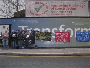 Manchester central library construction site, protest against blacklisting, Feb 2012, photo by Hugh Caffrey