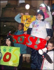 Kirklees Sure Start children centres lobby Kirklees council's budget meeting, photo by Huddersfield Socialist Party