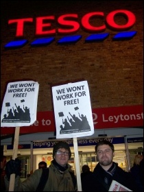 Protesting against slave labour schemes outside Tesco in Leytonstone, London, Feb 2012, photo Suzanne Beishon