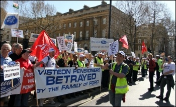 Ford Visteon pensioners protest salutes the passing NUT and UCU strike action demo in London on 28 March 2012, photo Senan