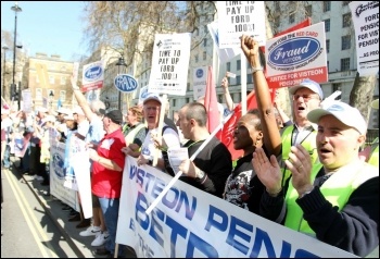 Ford Visteon pensioners protest salutes the passing NUT and UCU strike action demo in London on 28 March 2012, photo Senan