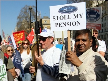 Ford Visteon pensioners' protest salutes the passing NUT and UCU strike action demo in London on 28 March 2012, photo Senan
