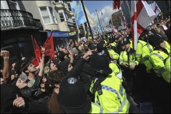 Mass protest counters racist EDL in Brighton, 22 April 2012, photo by Paul Mattsson