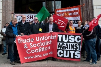 TUSC supports the striking tube workers working for Tube Lines at the Tube Lines HQ in Canary Wharf  25 April 2012, photo Paul Mattsson