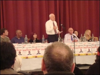 Tony Mulhearn speaking during the Merseyside TUSC rally, Adelphi Hotel, 26.4.12, photo by Harry Smith