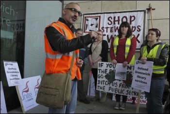 Onay Kasab speaking to Greenwich library workers and supporters against privatisation, 27.4.12, photo by Paul Mattsson
