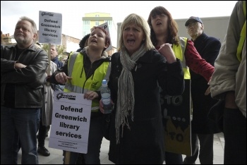 Greenwich library workers strike against privatisation, 27.4.12, photo by Paul Mattsson