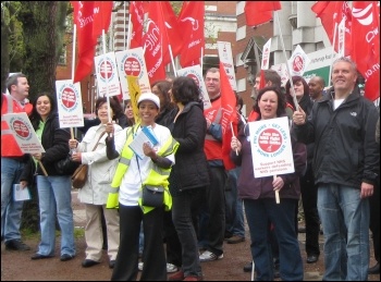 Unite Health demo at Manchester Royal Infirmary, during 10 May public sector strike, photo Hugh Caffrey