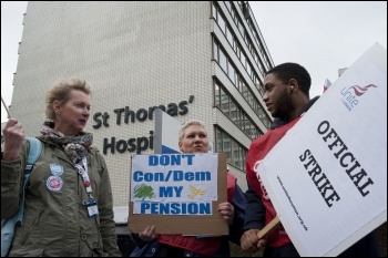 Unite members at St Thomas' Hospital on strike 10 May 2012 as part of the nationwide strike of workers in the public sector against attacks on pensions , photo Paul Mattsson