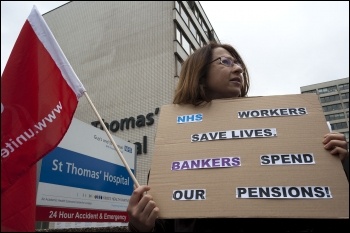 Unite members at St Thomas' Hospital on strike 10 May 2012 as part of the nationwide strike of workers in the public sector against attacks on pensions , photo Paul Mattsson