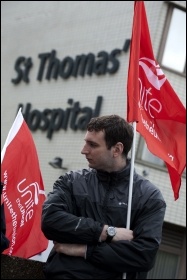 Unite members at St Thomas' Hospital on strike 10 May 2012 as part of the nationwide strike of workers in the public sector against attacks on pensions , photo Paul Mattsson