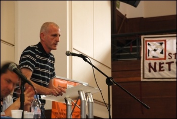 Steve Kelly, Unite National Rank and File Electricians Committee addresses National Shop Stewards Network conference, 9 June 2012, photo Suzanne Beishon