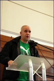 Reinstated Unite health and safety rep Jason Poulter addresses National Shop Stewards Network conference, 9 June 2012, photo Suzanne Beishon